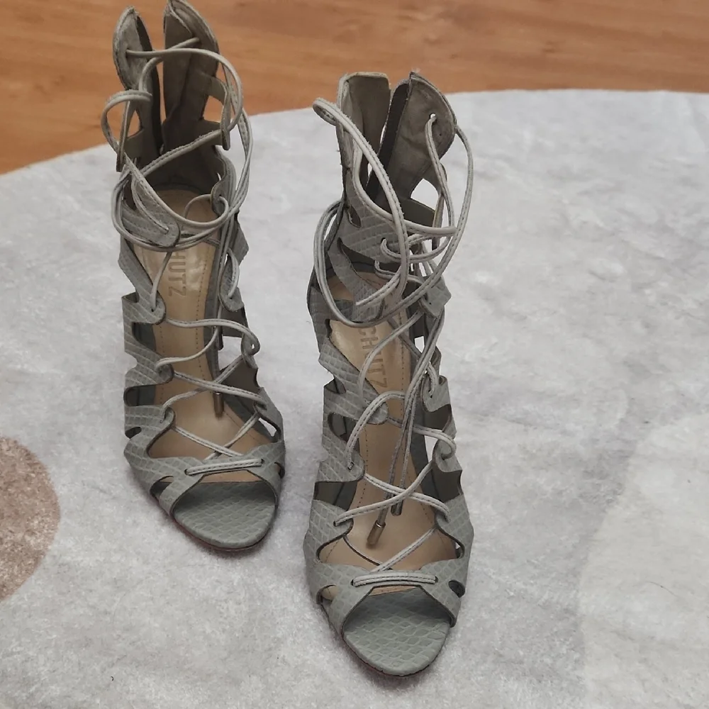 Schutz Elegant Gray Lace-Up Heels - Picture 2 of 7